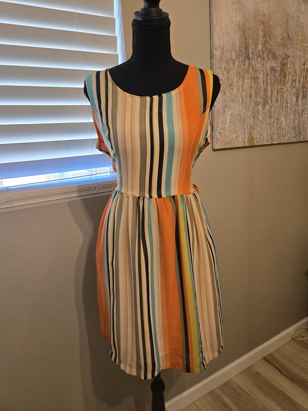 Beverly's Vintage Striped Sleeveless Mini Dress in Orange, Teal & Cream